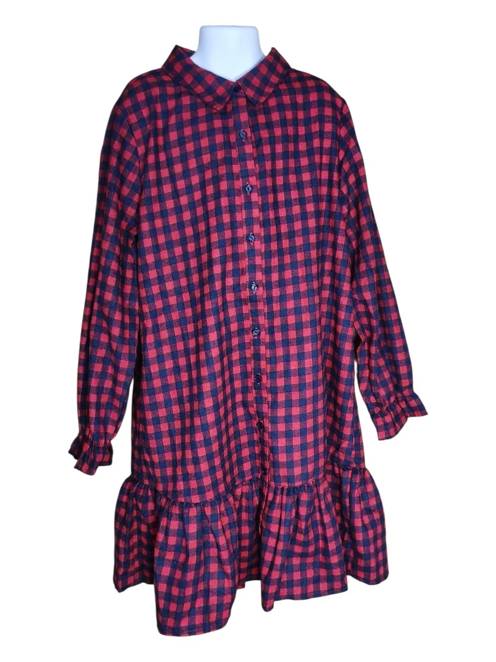 #250 Hayden Red and Navy Blue Plaid Ruffle-Hem Shirt Dress